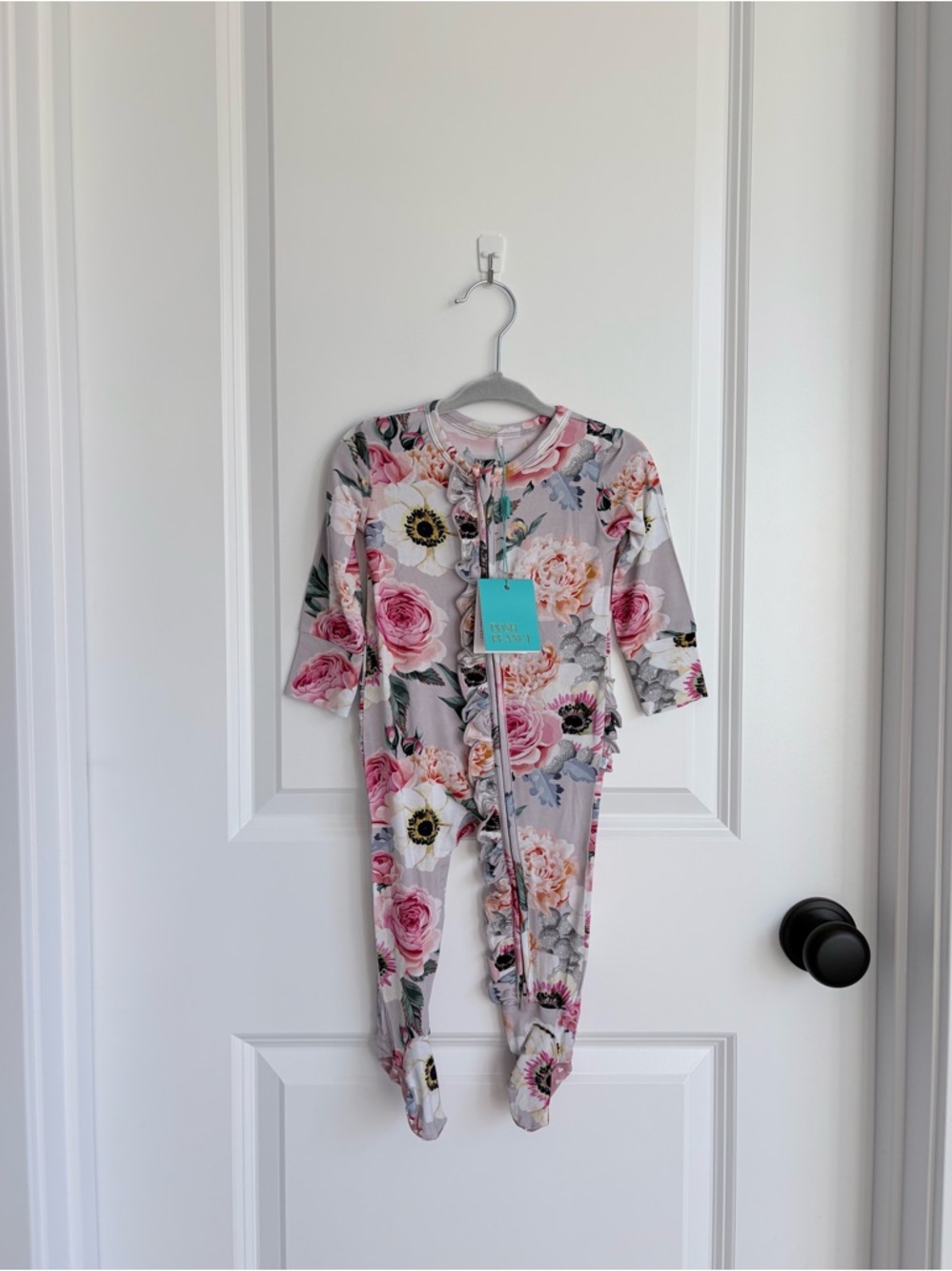 💐Posh Peanut Bamboo Footie Ruffled Zippered One Piece in French Gray NWT